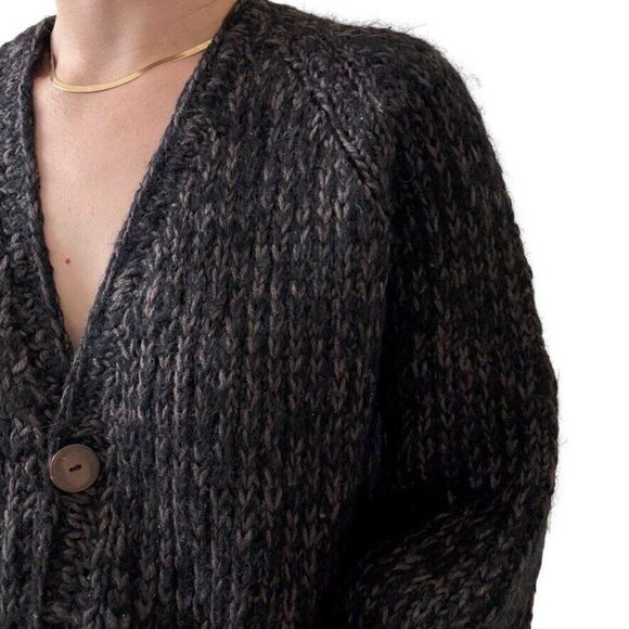 Vintage Womens Hand Knit Black Brown Marled 100% Wool Ribbed Chunky Cardigan - Picture 6 of 7